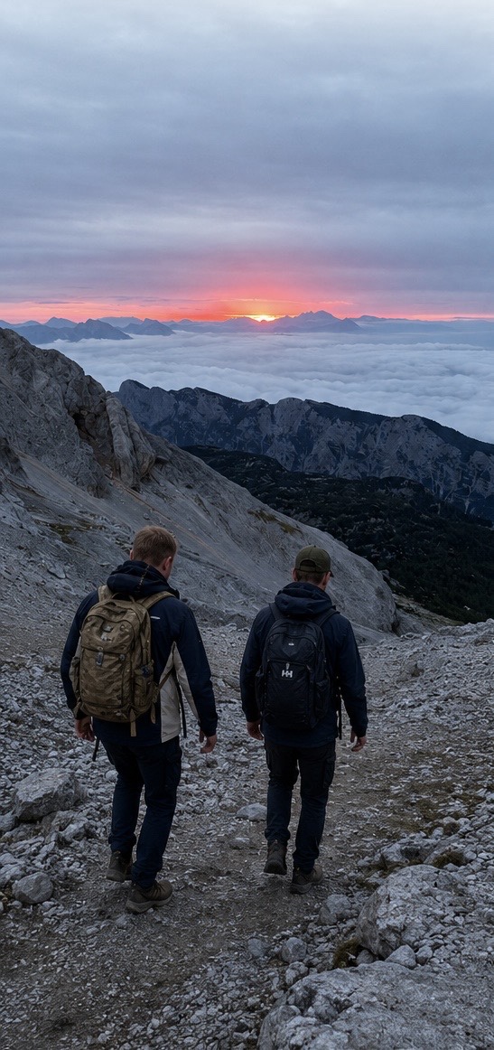 Jeremy and Alan walking towards a mountain sunrise